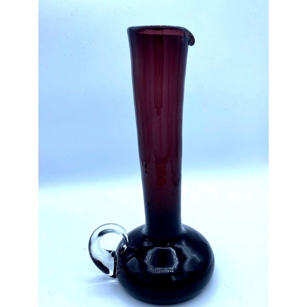 Handblown Amethyst Art Glass Pitcher With Clear Handle 10.5 Tall Vintage